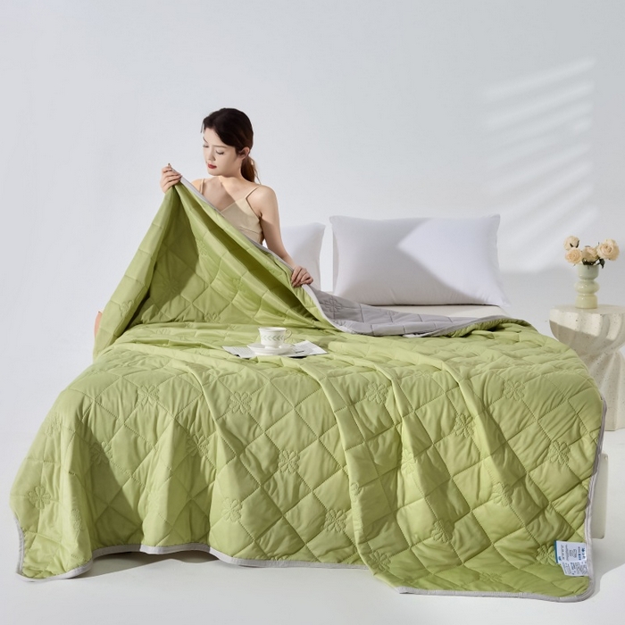 91家纺网 家纺一手货源 找家纺 天之悦家纺 2026跨境外贸可机洗水洗A类夏被冰淇淋凉感丝空调被子被芯夏凉被 果绿色配灰色（花纹款）