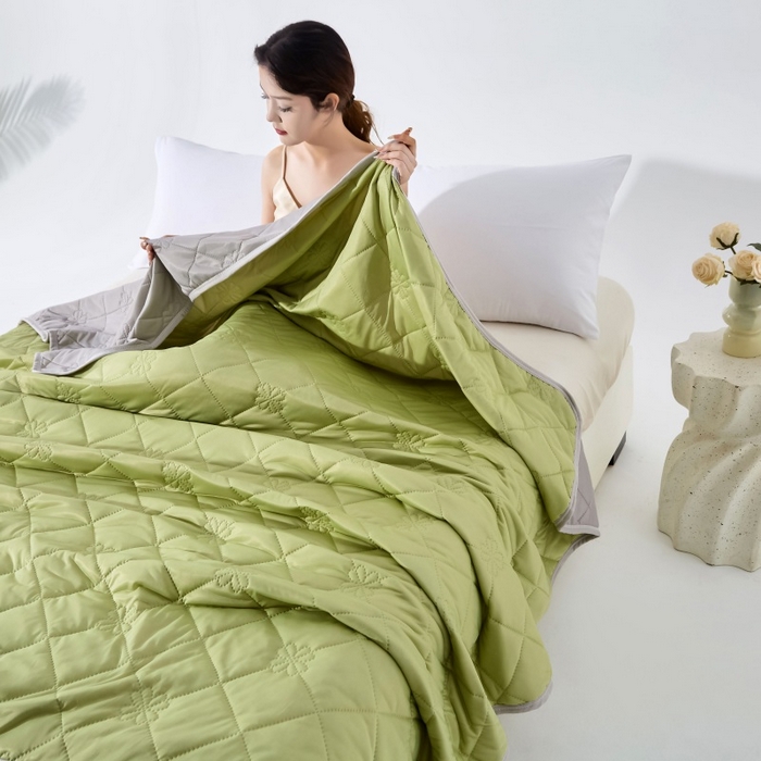 91家纺网 家纺一手货源 找家纺 天之悦家纺 2026跨境外贸可机洗水洗A类夏被冰淇淋凉感丝空调被子被芯夏凉被 果绿色配灰色（花纹款）