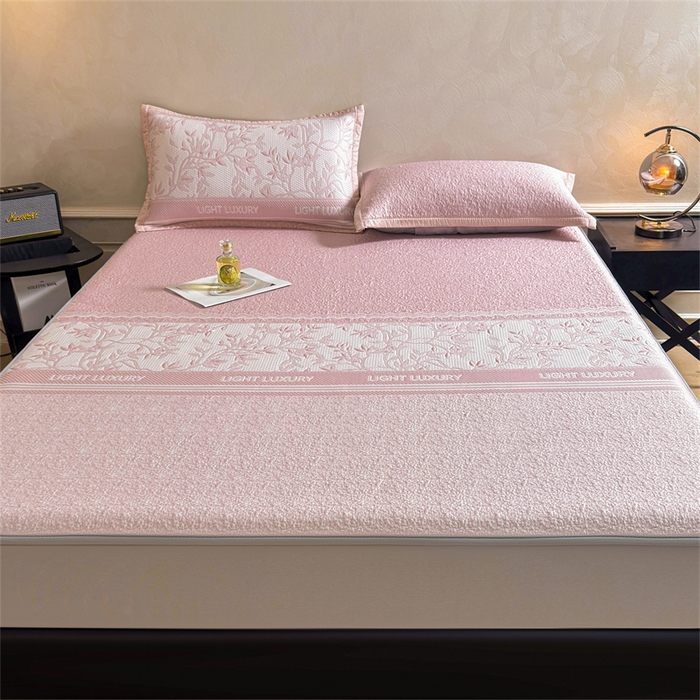 91家纺网 家纺一手货源 找家纺 慕木家纺 2026新款高端复合三明治PE乙纶提花610克冰豆豆凉席欧洛菲系列（提供买家秀） 欧洛菲-粉床笠款