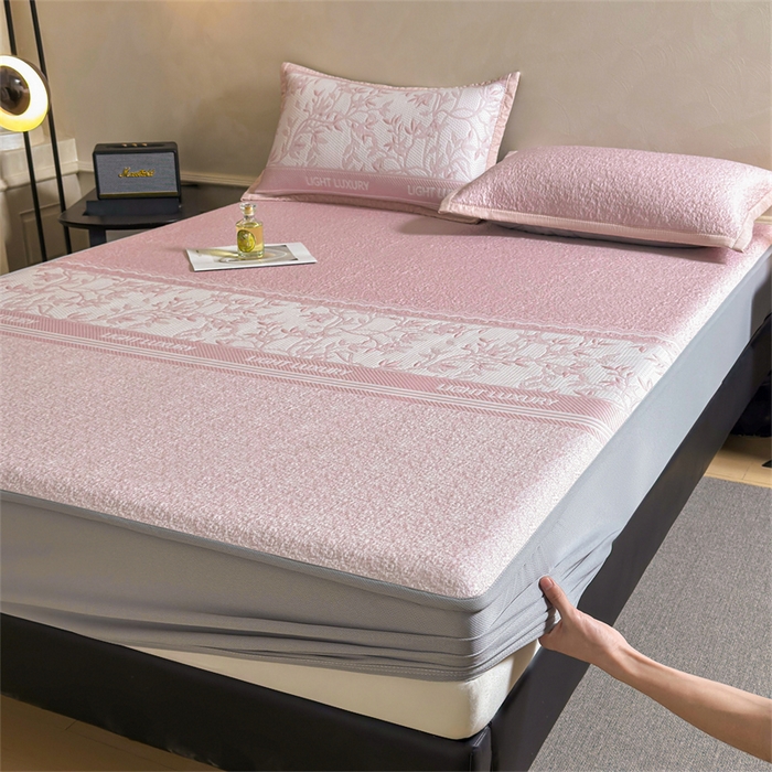 91家纺网 家纺一手货源 找家纺 慕木家纺 2026新款高端复合三明治PE乙纶提花610克冰豆豆凉席欧洛菲系列（提供买家秀） 欧洛菲-粉床笠款