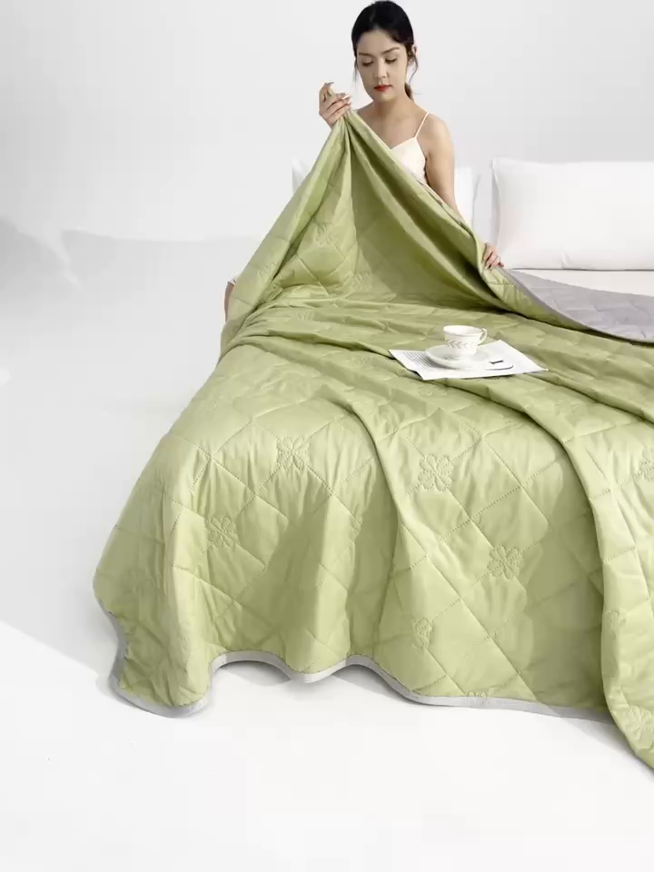 91家纺网 家纺一手货源 找家纺 天之悦家纺 2026跨境外贸可机洗水洗A类夏被冰淇淋凉感丝空调被子被芯夏凉被 果绿色配灰色（花纹款）