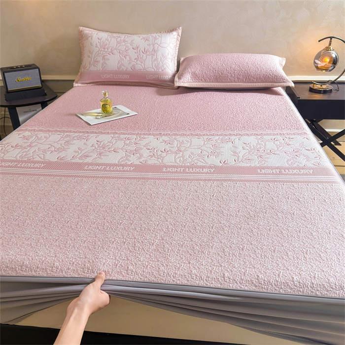 91家纺网 家纺一手货源 找家纺 慕木家纺 2026新款高端复合三明治PE乙纶提花610克冰豆豆凉席欧洛菲系列（提供买家秀） 欧洛菲-粉床笠款