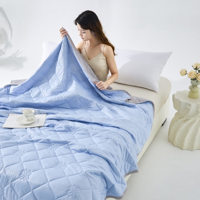 91家纺网 家纺一手货源 找家纺 天之悦家纺 2026跨境外贸可机洗水洗A类夏被冰淇淋凉感丝空调被子被芯夏凉被 天蓝色配灰色（花纹款）