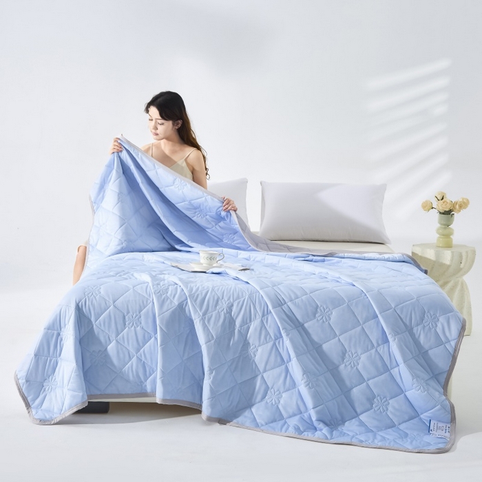 91家纺网 家纺一手货源 找家纺 天之悦家纺 2026跨境外贸可机洗水洗A类夏被冰淇淋凉感丝空调被子被芯夏凉被 天蓝色配灰色（花纹款）