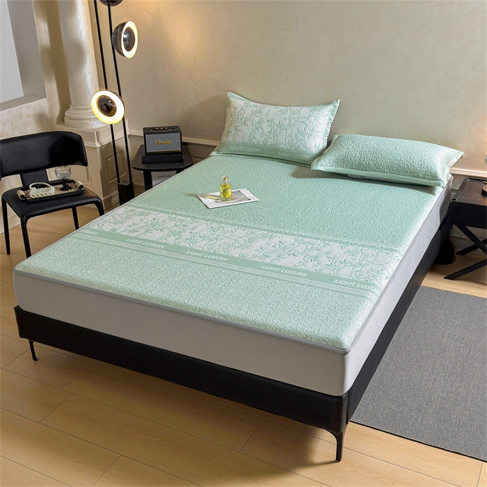 91家纺网 家纺一手货源 找家纺 慕木家纺 2026新款高端复合三明治PE乙纶提花610克冰豆豆凉席欧洛菲系列（提供买家秀） 欧洛菲-绿床笠款