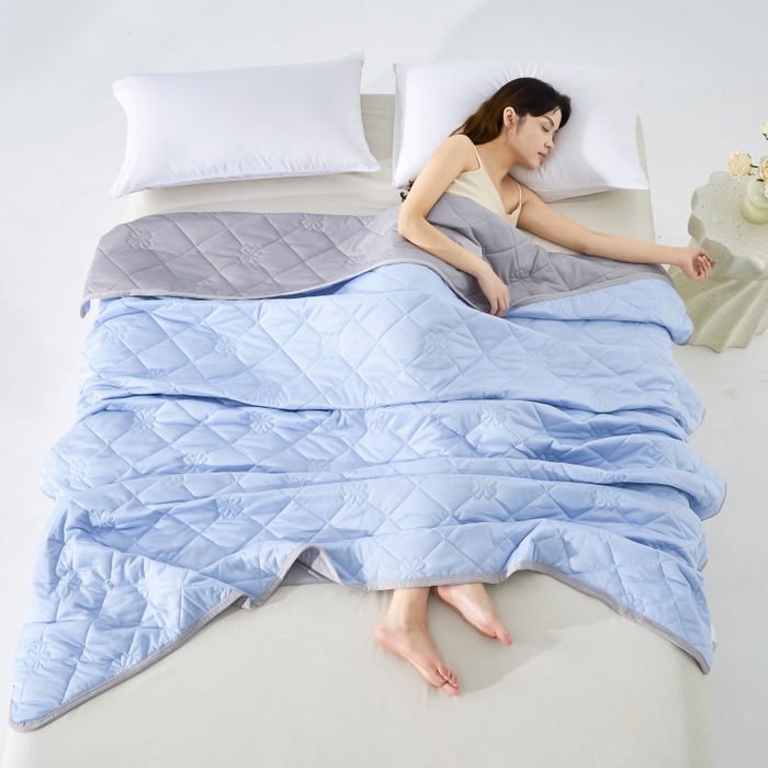 91家纺网 家纺一手货源 找家纺 天之悦家纺 2026跨境外贸可机洗水洗A类夏被冰淇淋凉感丝空调被子被芯夏凉被 天蓝色配灰色（花纹款）