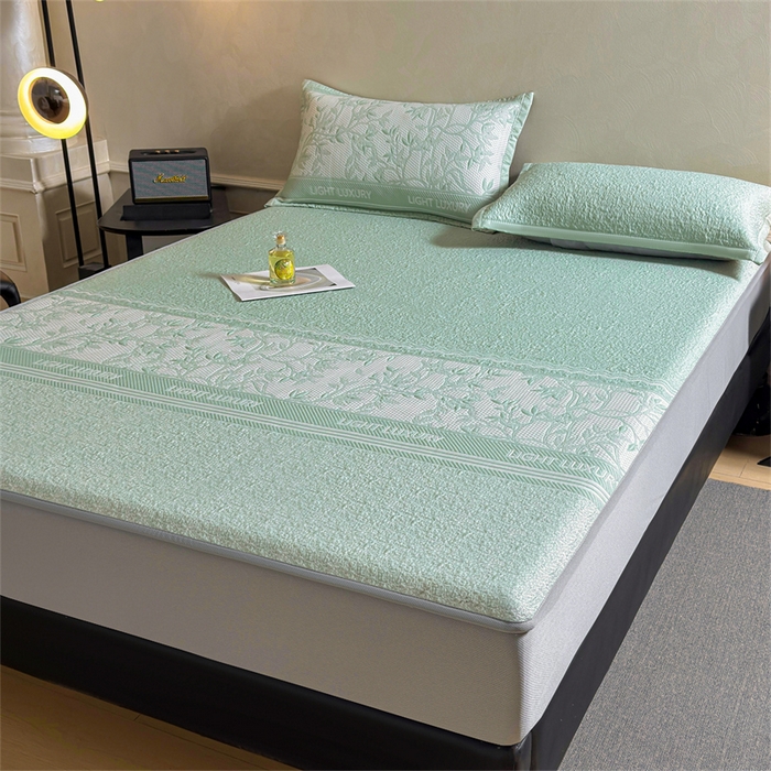 91家纺网 家纺一手货源 找家纺 慕木家纺 2026新款高端复合三明治PE乙纶提花610克冰豆豆凉席欧洛菲系列（提供买家秀） 欧洛菲-绿床笠款