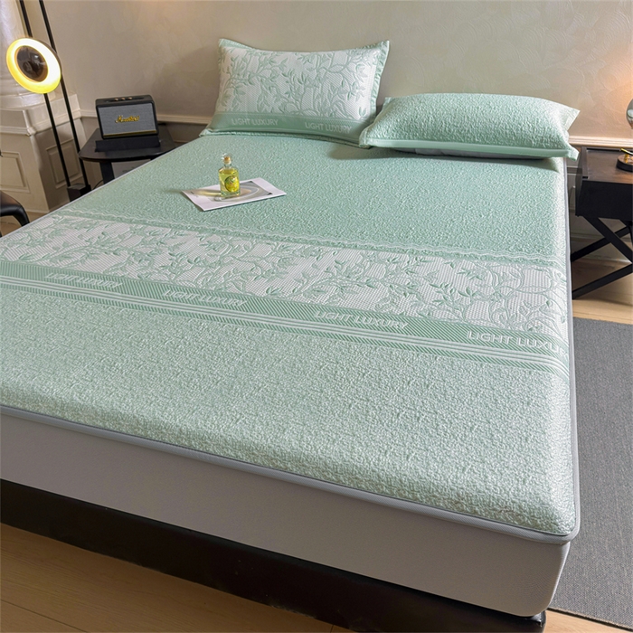 91家纺网 家纺一手货源 找家纺 慕木家纺 2026新款高端复合三明治PE乙纶提花610克冰豆豆凉席欧洛菲系列（提供买家秀） 欧洛菲-绿床笠款