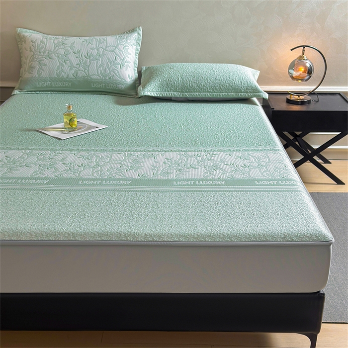 91家纺网 家纺一手货源 找家纺 慕木家纺 2026新款高端复合三明治PE乙纶提花610克冰豆豆凉席欧洛菲系列（提供买家秀） 欧洛菲-绿床笠款