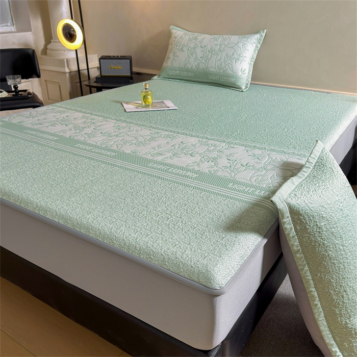 91家纺网 家纺一手货源 找家纺 慕木家纺 2026新款高端复合三明治PE乙纶提花610克冰豆豆凉席欧洛菲系列（提供买家秀） 欧洛菲-绿床笠款