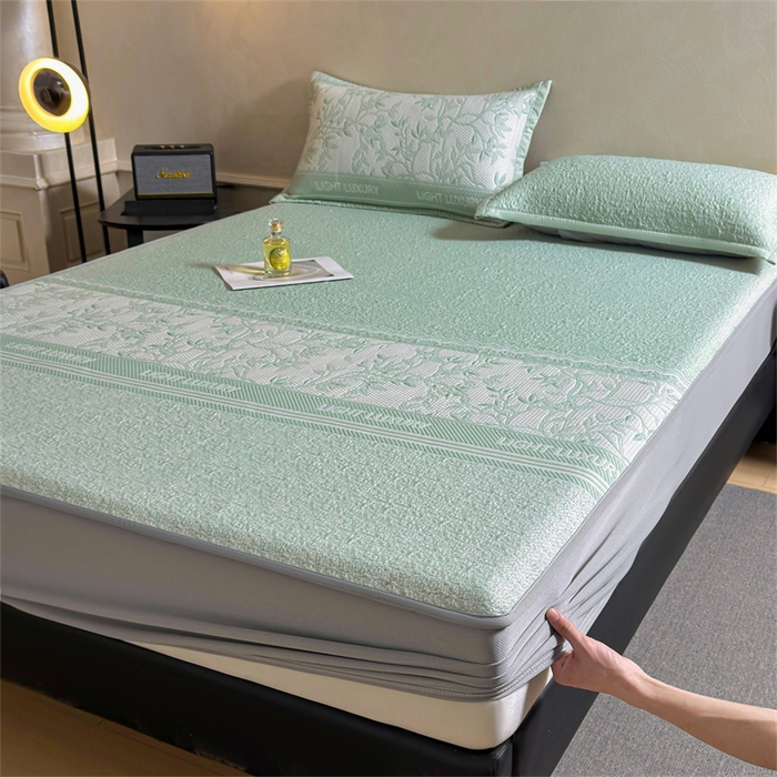 91家纺网 家纺一手货源 找家纺 慕木家纺 2026新款高端复合三明治PE乙纶提花610克冰豆豆凉席欧洛菲系列（提供买家秀） 欧洛菲-绿床笠款