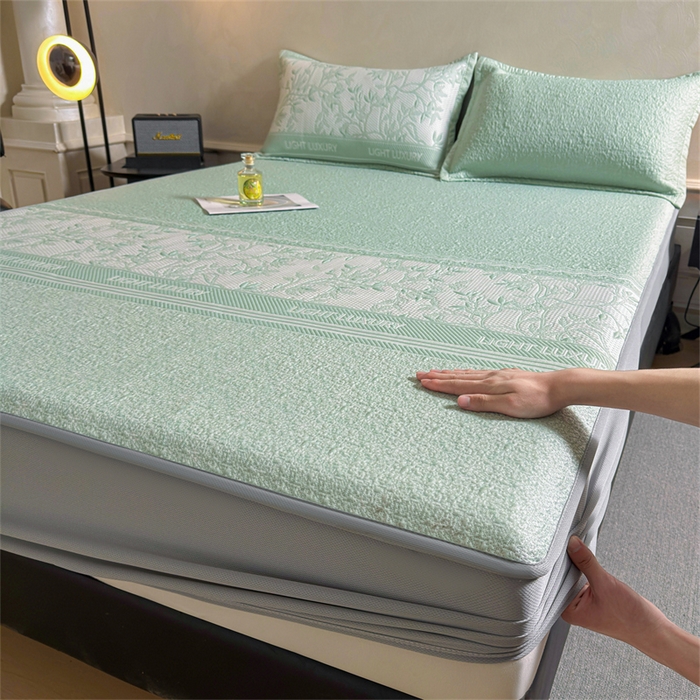 91家纺网 家纺一手货源 找家纺 慕木家纺 2026新款高端复合三明治PE乙纶提花610克冰豆豆凉席欧洛菲系列（提供买家秀） 欧洛菲-绿床笠款