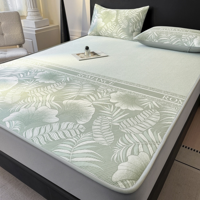 91家纺网 家纺一手货源 找家纺 席佬大 2026新款印花冰丝凉席席子 床笠款-豆绿