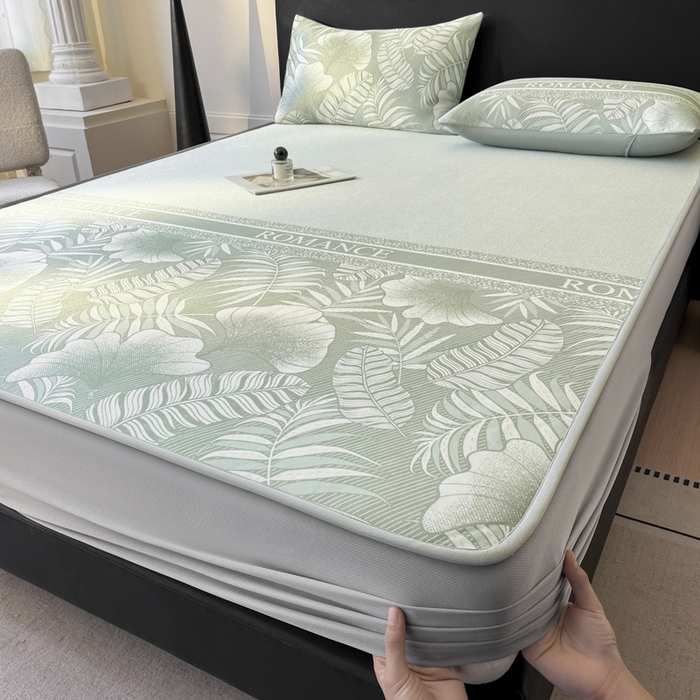 91家纺网 家纺一手货源 找家纺 席佬大 2026新款印花冰丝凉席席子 床笠款-豆绿