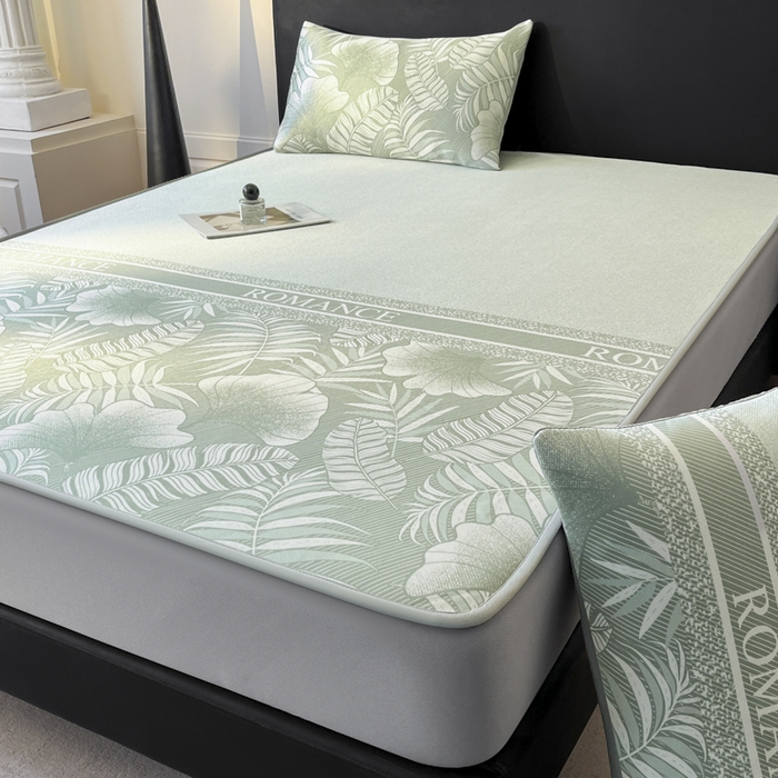 91家纺网 家纺一手货源 找家纺 席佬大 2026新款印花冰丝凉席席子 床笠款-豆绿