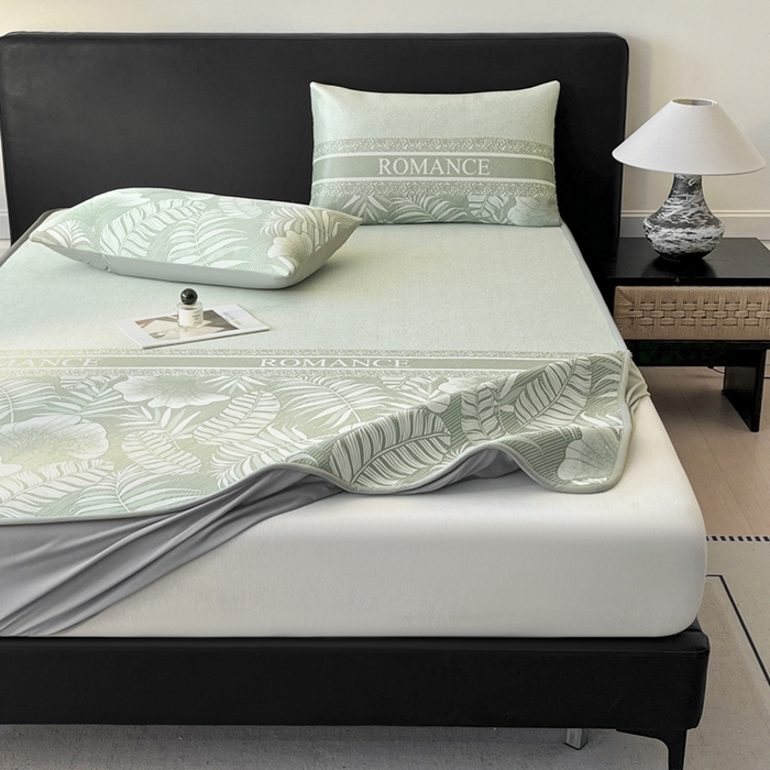 91家纺网 家纺一手货源 找家纺 席佬大 2026新款印花冰丝凉席席子 床笠款-豆绿