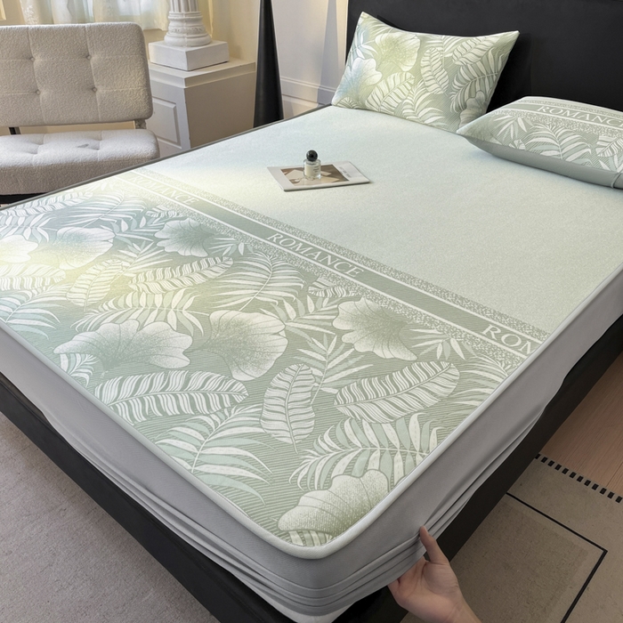 91家纺网 家纺一手货源 找家纺 席佬大 2026新款印花冰丝凉席席子 床笠款-豆绿