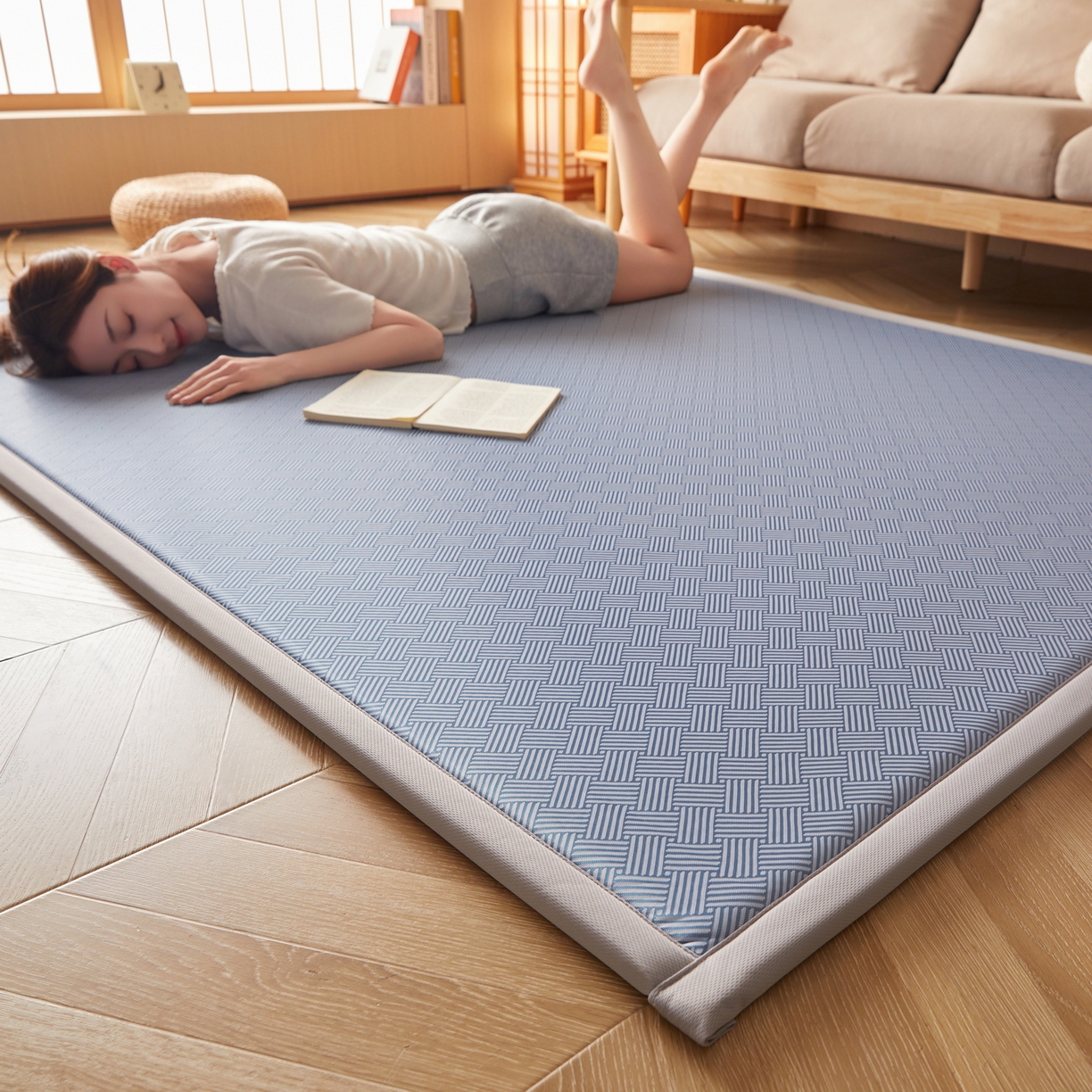 91家纺网 家纺一手货源 找家纺 喜她床垫 2026新款纯色凉感冰丝地垫 时尚凉席地垫床垫（厚度1.5cm） 蓝色