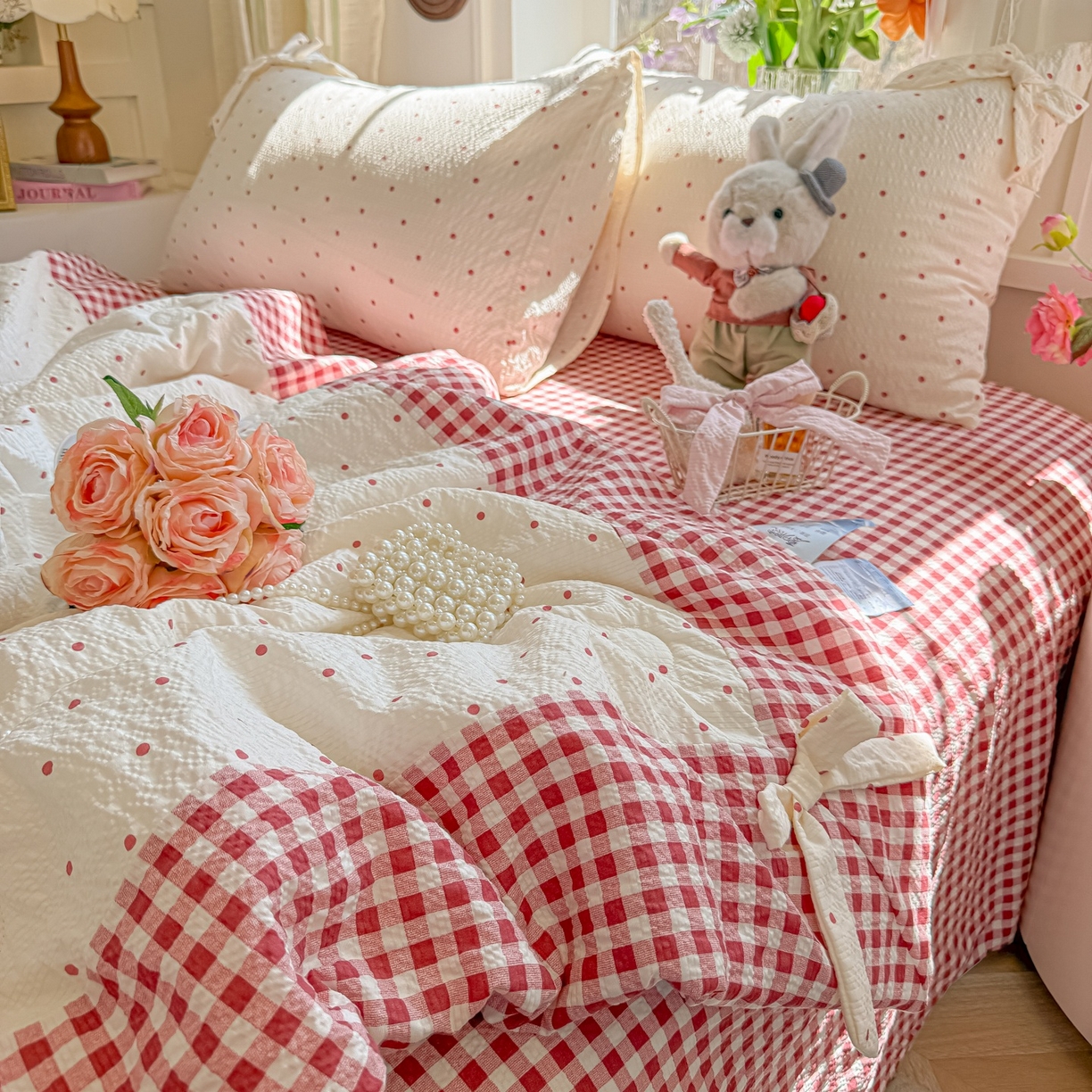 91家纺网 家纺一手货源 找家纺 （总）瑞禾家纺（原阿亮） 2026新款提花泡芙棉拼角蝴蝶结软乎乎的撸猫感单夏被夏被四件套-甜莓气泡