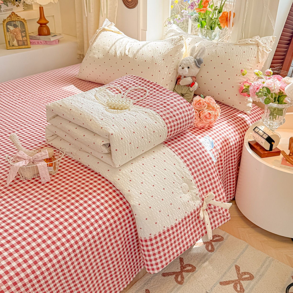 91家纺网 家纺一手货源 找家纺 （总）瑞禾家纺（原阿亮） 2026新款提花泡芙棉拼角蝴蝶结软乎乎的撸猫感单夏被夏被四件套-甜莓气泡