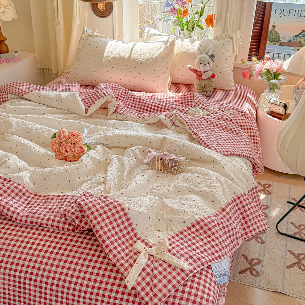 91家纺网 家纺一手货源 找家纺 （总）瑞禾家纺（原阿亮） 2026新款提花泡芙棉拼角蝴蝶结软乎乎的撸猫感单夏被夏被四件套-甜莓气泡