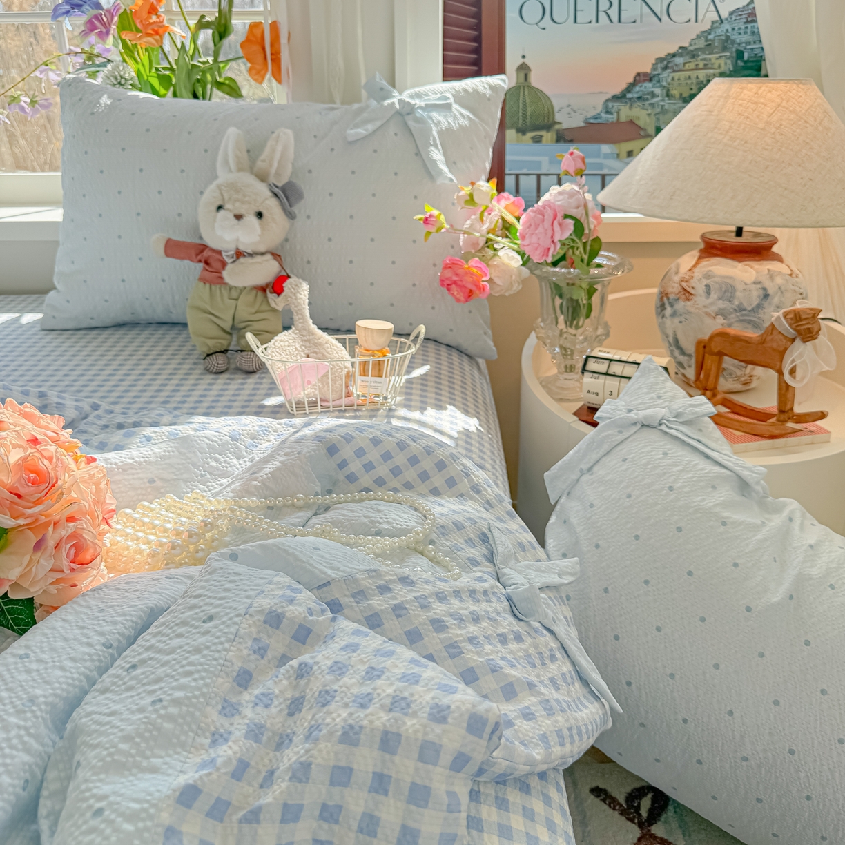 91家纺网 家纺一手货源 找家纺 瑞禾家纺（原阿亮） 2026新款提花泡芙棉拼角蝴蝶结软乎乎的撸猫感单夏被夏被四件套-甜莓气泡 甜莓气泡-海盐蓝波点