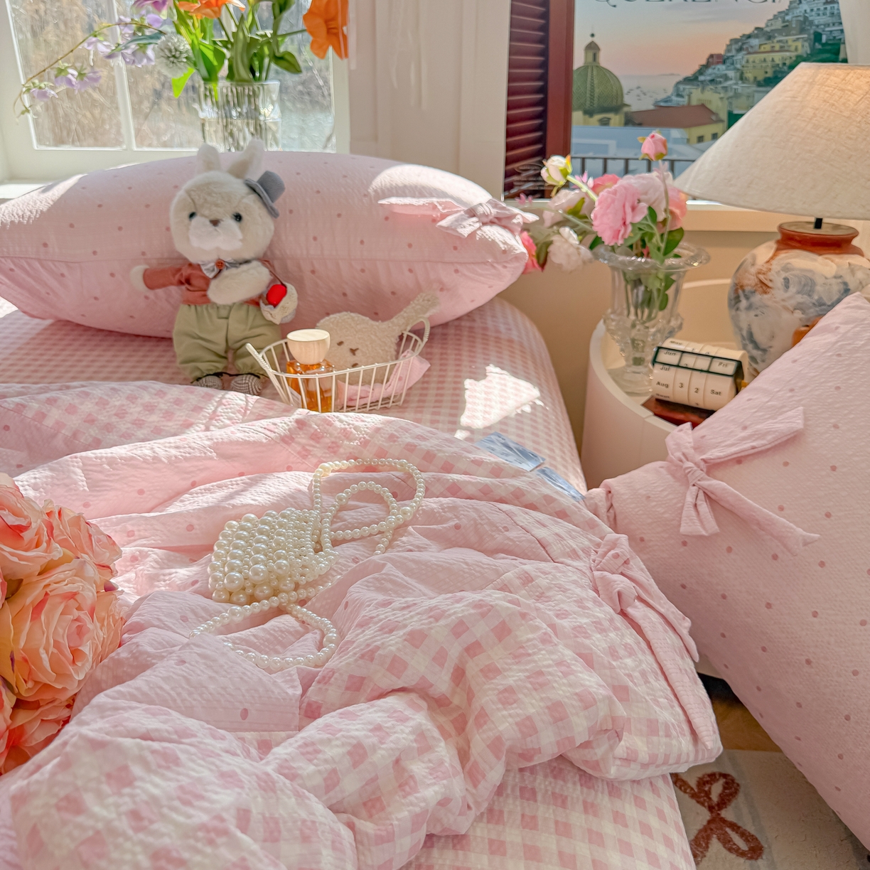 91家纺网 家纺一手货源 找家纺 瑞禾家纺（原阿亮） 2026新款提花泡芙棉拼角蝴蝶结软乎乎的撸猫感单夏被夏被四件套-甜莓气泡 甜莓气泡-奶粉波点