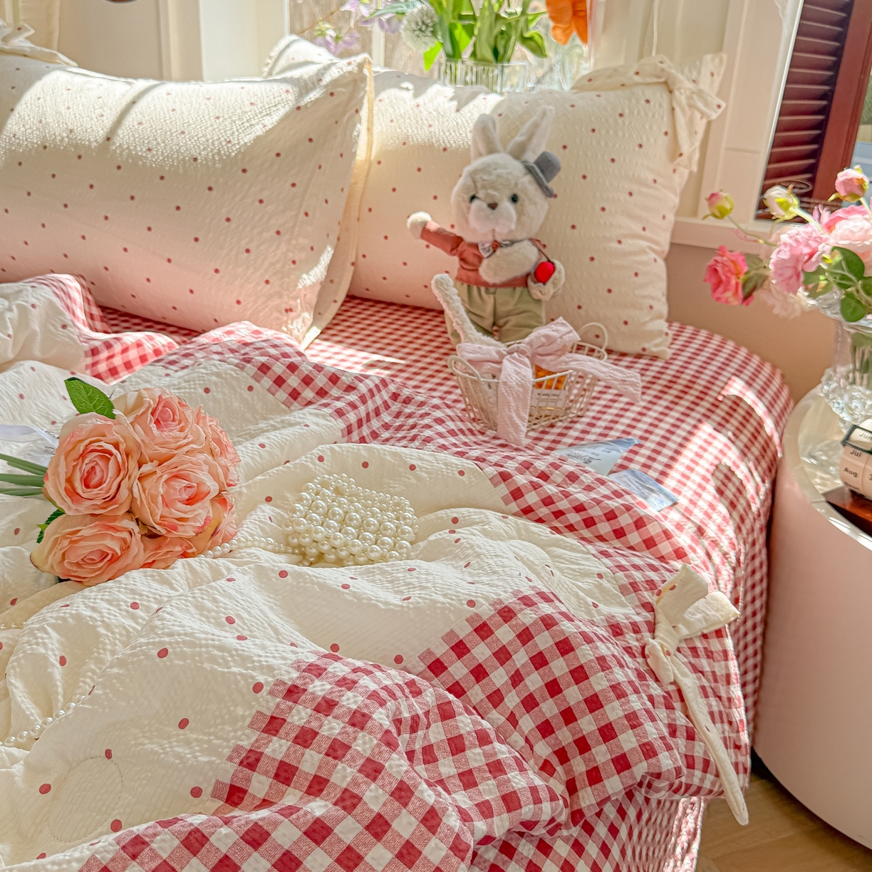 91家纺网 家纺一手货源 找家纺 瑞禾家纺（原阿亮） 2026新款提花泡芙棉拼角蝴蝶结软乎乎的撸猫感单夏被夏被四件套-甜莓气泡 甜莓气泡-奶红波点