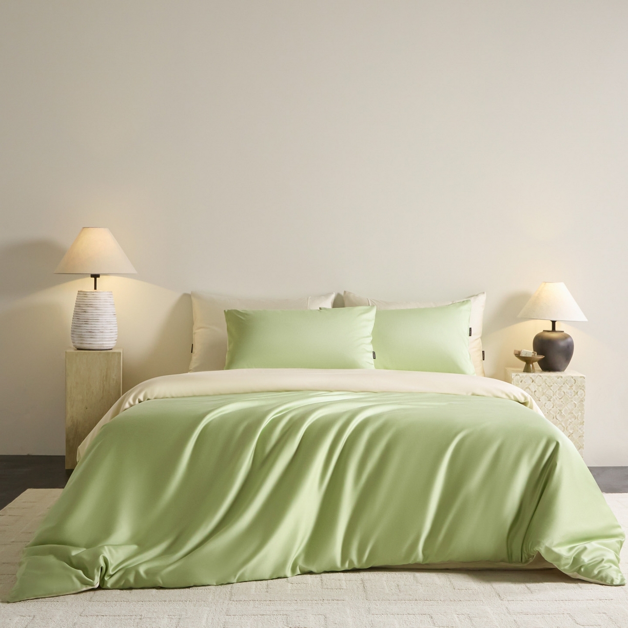 91家纺网 家纺一手货源 找家纺 秀色家纺 2026新款60S进口天丝贡缎新疆长绒棉纯色轻奢四件套 Air-天丝棉-抹茶奶白