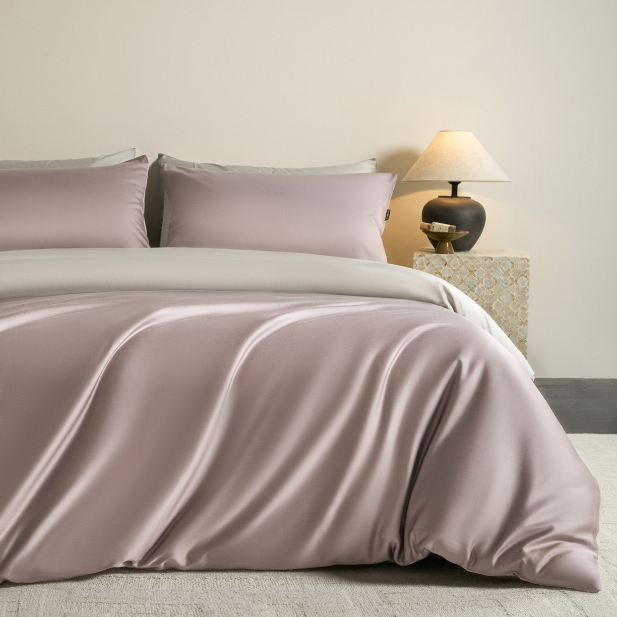 秀色家纺 2026新款60S进口天丝贡缎新疆长绒棉纯色轻奢四件套 Air-天丝棉-迷雾紫+幻影灰