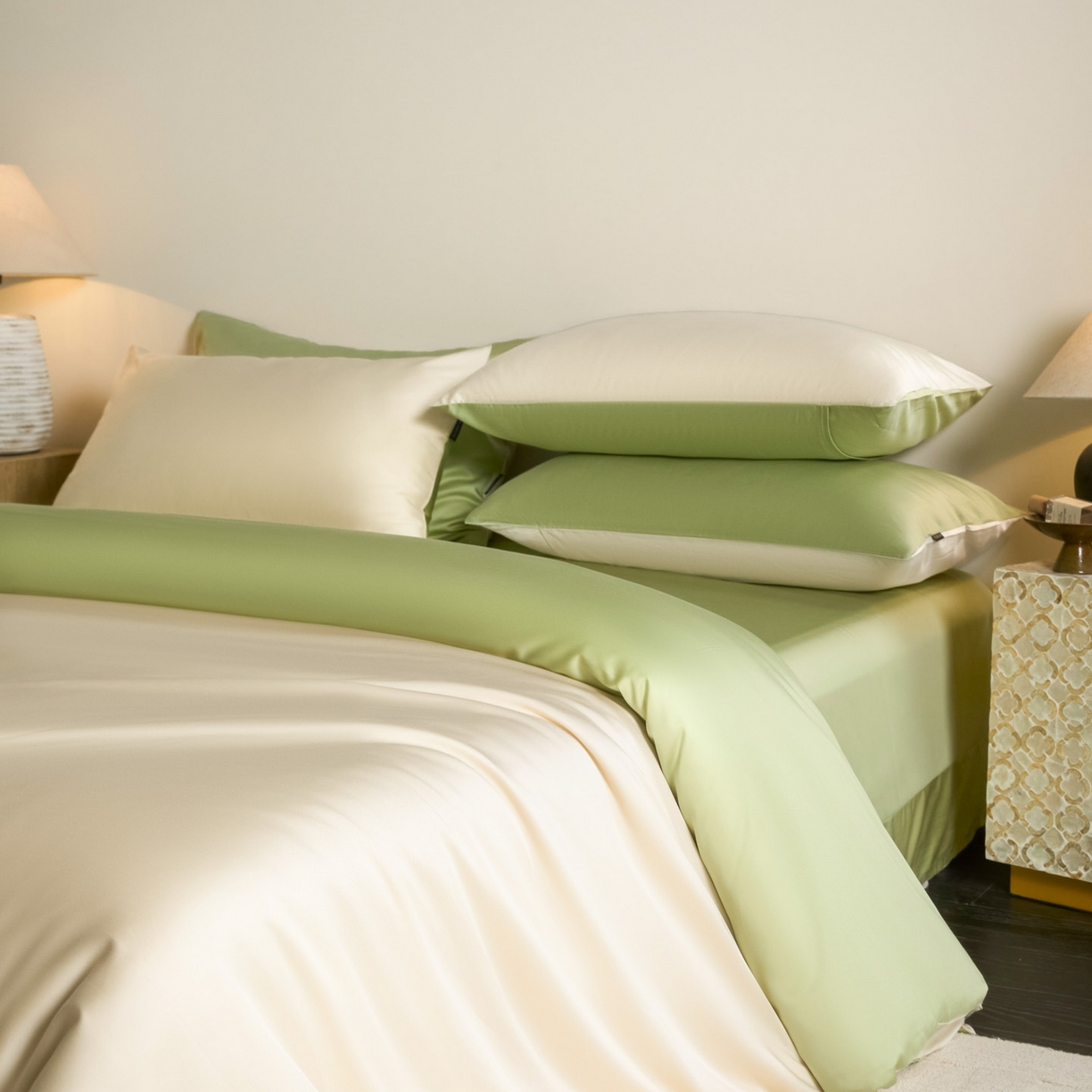 91家纺网 家纺一手货源 找家纺 秀色家纺 2026新款60S进口天丝贡缎新疆长绒棉纯色轻奢四件套 Air-天丝棉-奶白抹茶