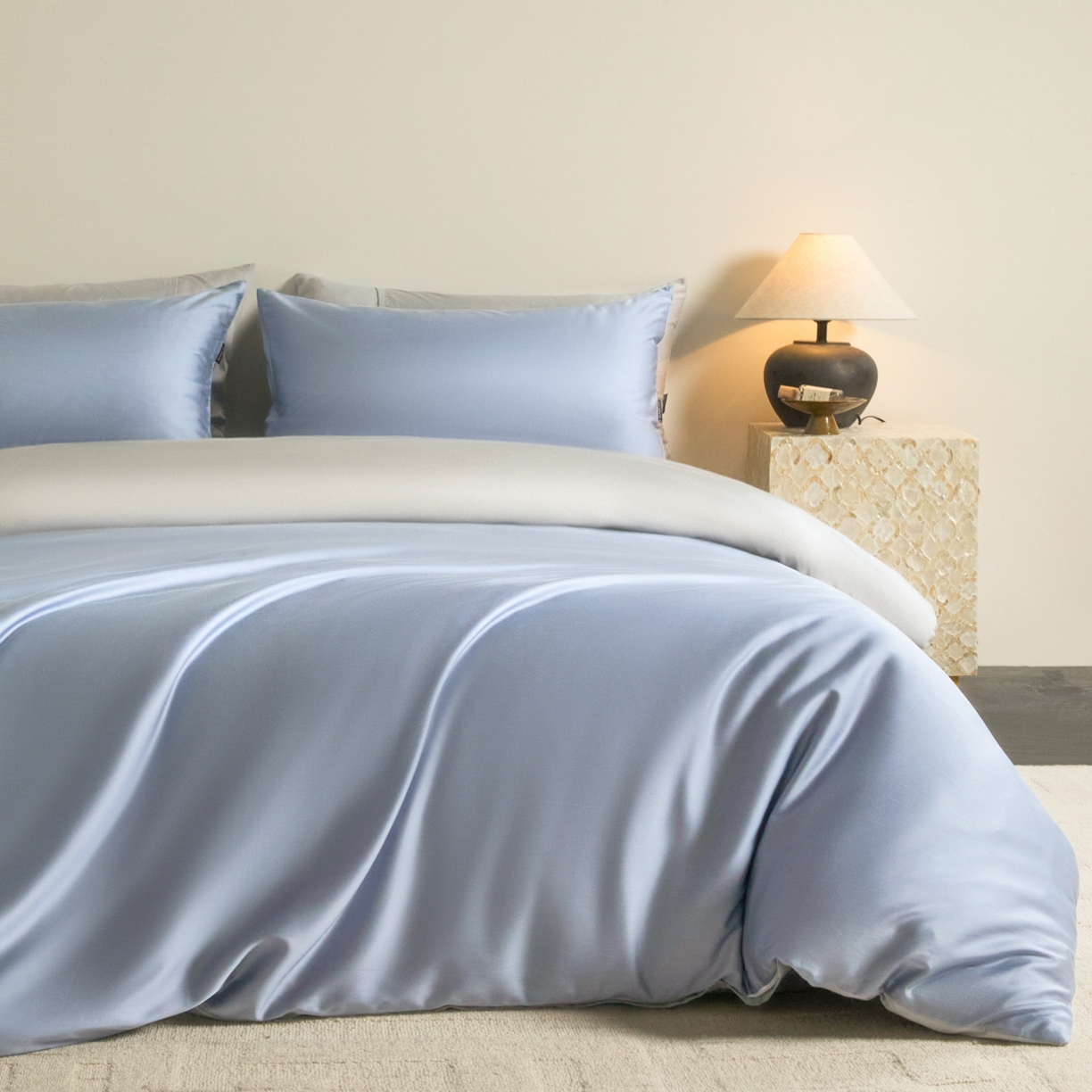 秀色家纺 2026新款60S进口天丝贡缎新疆长绒棉纯色轻奢四件套 Air-天丝棉-星雾蓝+薄雾灰