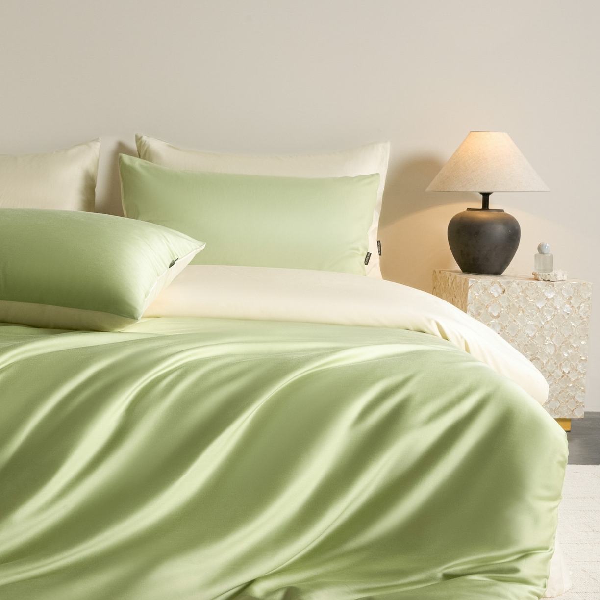 91家纺网 家纺一手货源 找家纺 秀色家纺 2026新款60S进口天丝贡缎新疆长绒棉纯色轻奢四件套 Air-天丝棉-抹茶奶白