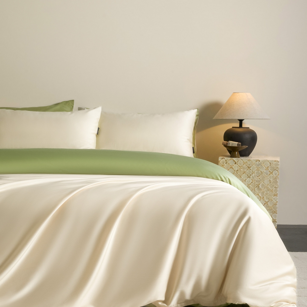 秀色家纺 2026新款60S进口天丝贡缎新疆长绒棉纯色轻奢四件套 Air-天丝棉-奶白抹茶