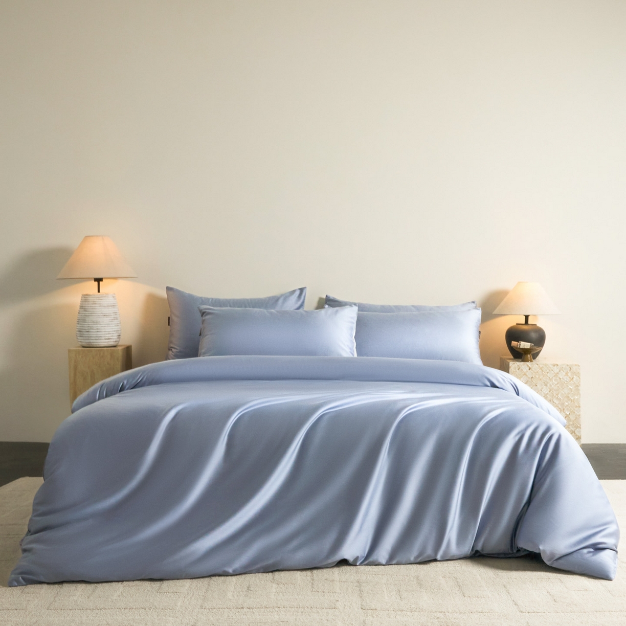 91家纺网 家纺一手货源 找家纺 秀色家纺 2026新款60S进口天丝贡缎新疆长绒棉纯色轻奢四件套 Air-天丝棉-星雾蓝