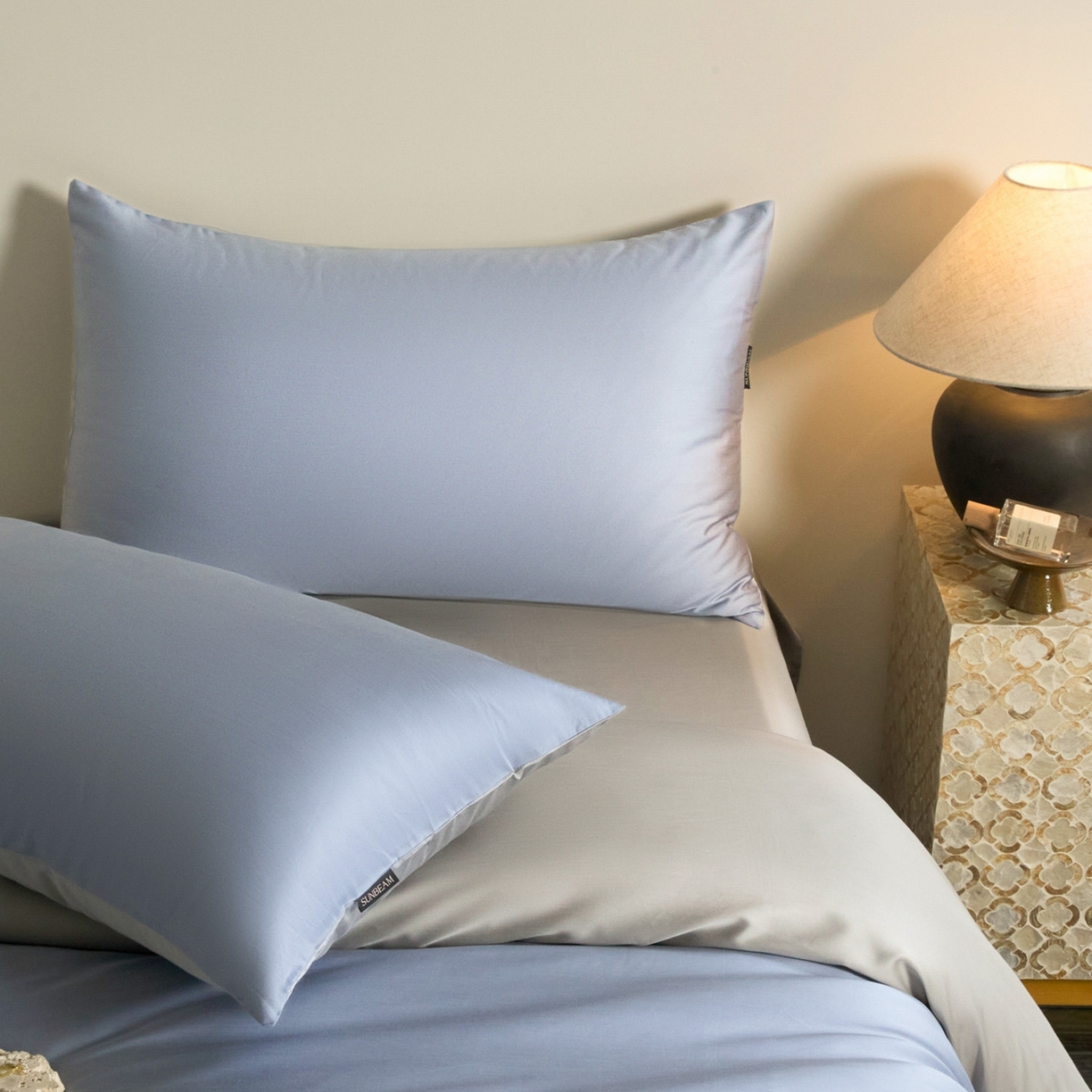 91家纺网 家纺一手货源 找家纺 秀色家纺 2026新款60S进口天丝贡缎新疆长绒棉纯色轻奢四件套 Air-天丝棉-星雾蓝+薄雾灰