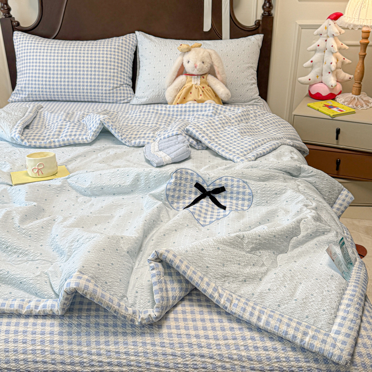 瑞禾家纺（原阿亮） 2026新款春夏新款提花泡芙棉贴布绣手包边单夏被夏被四件套-丘比特的爱恋 丘比特的爱恋-海盐蓝+蓝格