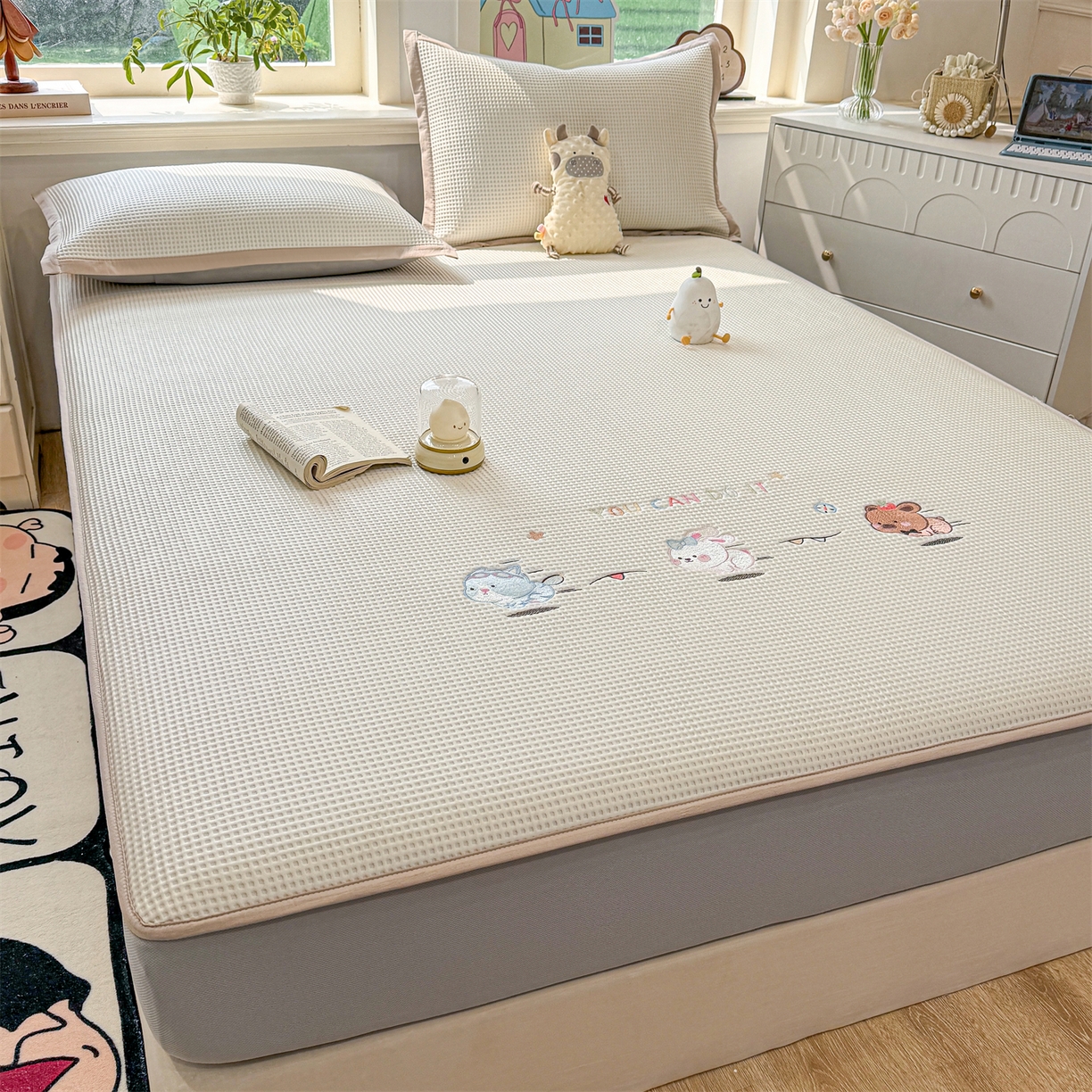 91家纺网 家纺一手货源 找家纺 （总）源舍家纺 2026新款乙纶PE国标凉席华夫格卡通刺绣可机洗凉感值0.23床笠款