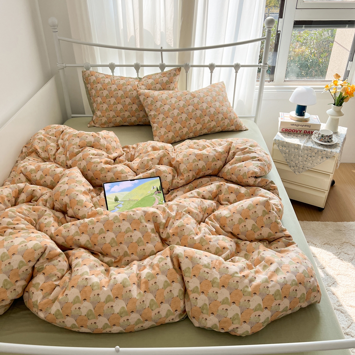 91家纺网 家纺一手货源 找家纺 （总）早晨家纺 2026新款INS博主风卡通A类全棉纯棉双层纱四件套