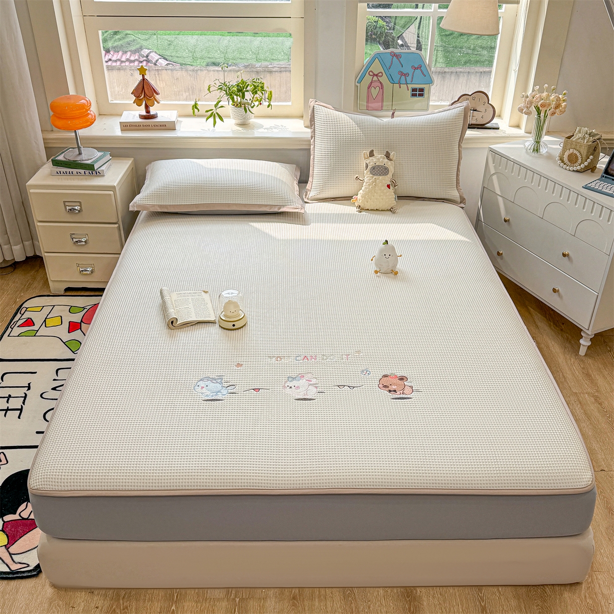 91家纺网 家纺一手货源 找家纺 （总）源舍家纺 2026新款乙纶PE国标凉席华夫格卡通刺绣可机洗凉感值0.23床笠款