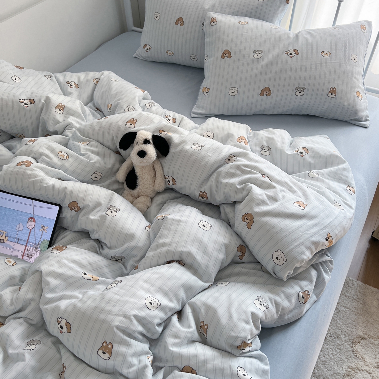 91家纺网 家纺一手货源 找家纺 早晨家纺 2026新款INS博主风卡通A类全棉纯棉双层纱四件套 奶狗日记-蓝