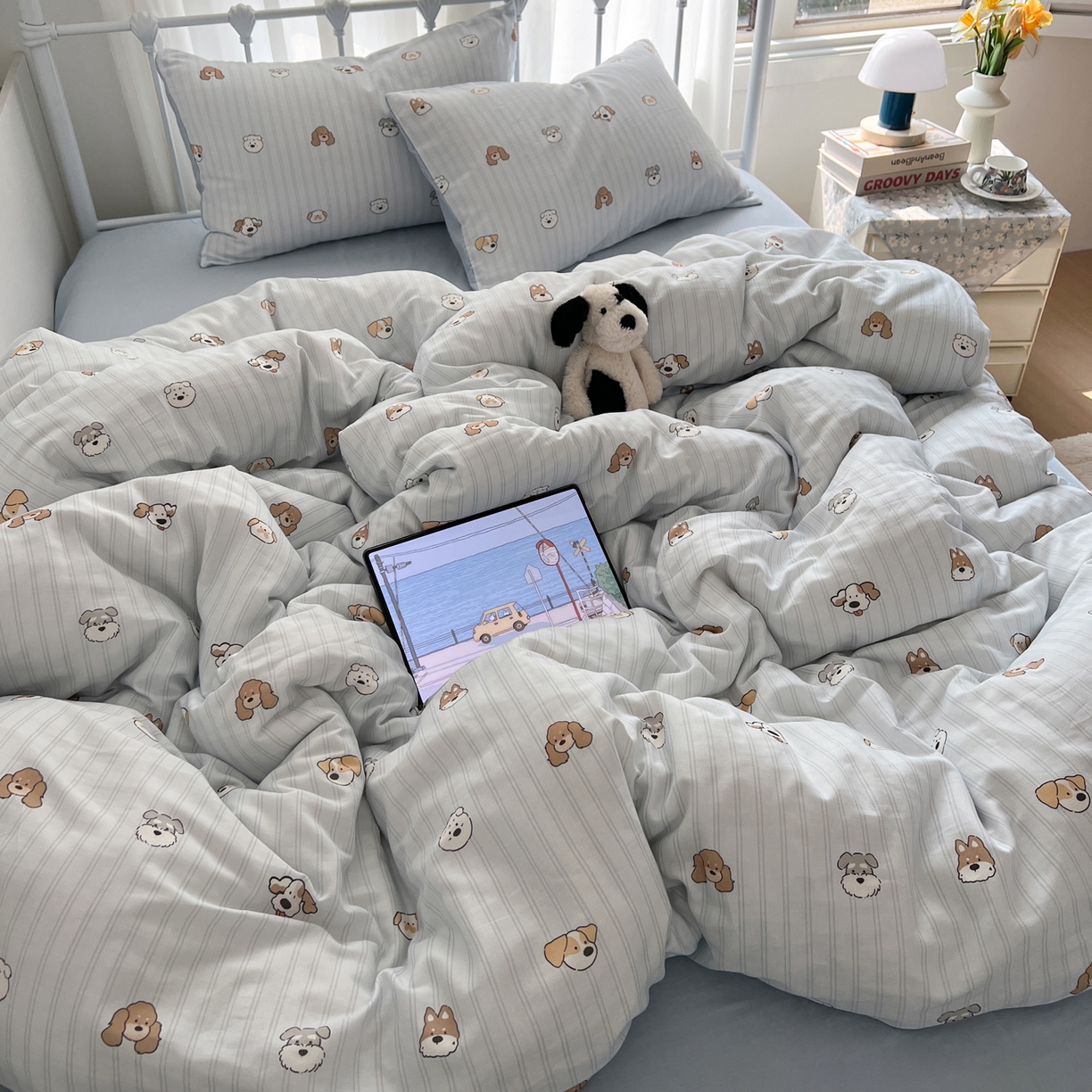 91家纺网 家纺一手货源 找家纺 早晨家纺 2026新款INS博主风卡通A类全棉纯棉双层纱四件套 奶狗日记-蓝