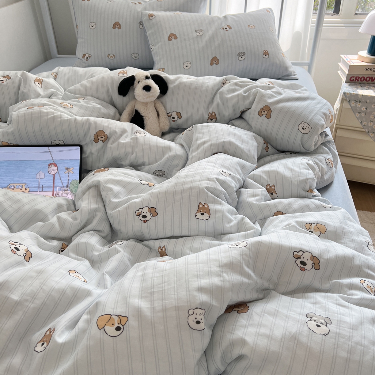 91家纺网 家纺一手货源 找家纺 早晨家纺 2026新款INS博主风卡通A类全棉纯棉双层纱四件套 奶狗日记-蓝