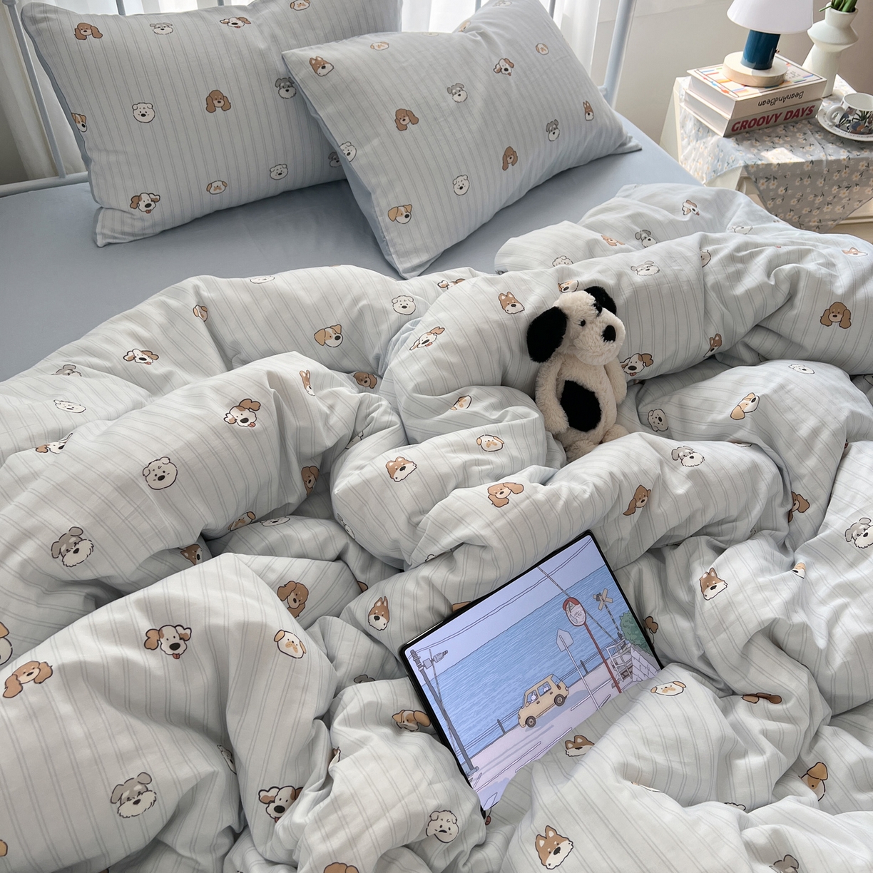 91家纺网 家纺一手货源 找家纺 早晨家纺 2026新款INS博主风卡通A类全棉纯棉双层纱四件套 奶狗日记-蓝