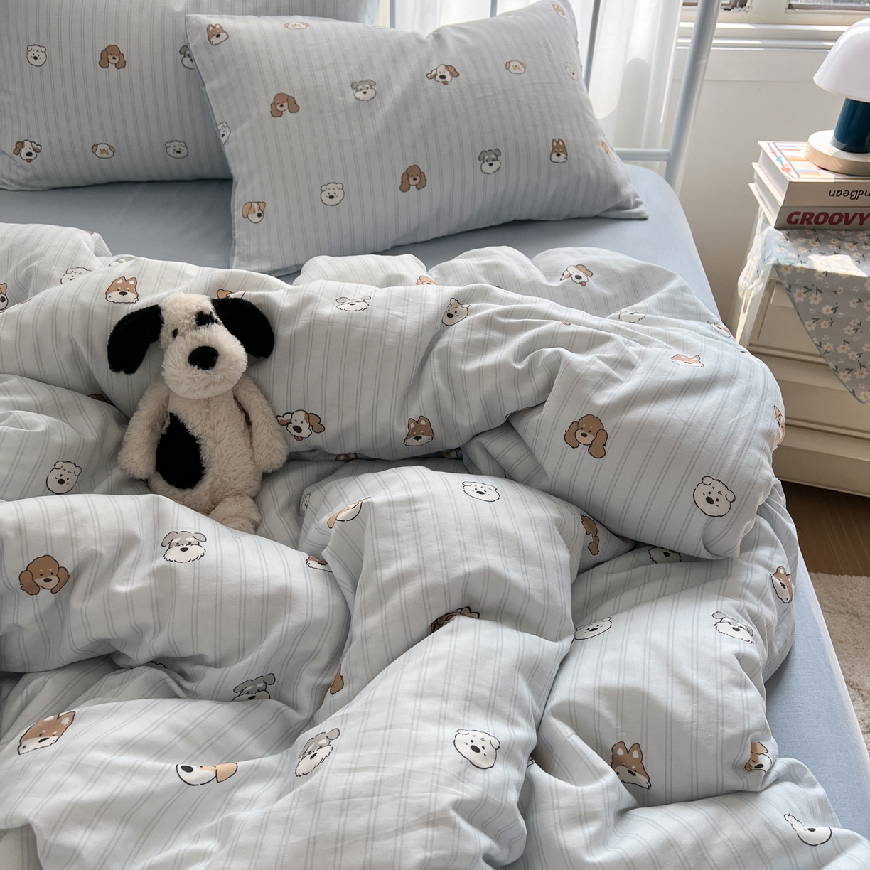 91家纺网 家纺一手货源 找家纺 早晨家纺 2026新款INS博主风卡通A类全棉纯棉双层纱四件套 奶狗日记-蓝