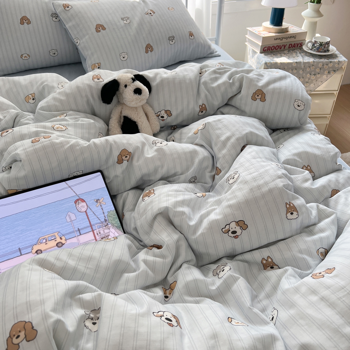 91家纺网 家纺一手货源 找家纺 早晨家纺 2026新款INS博主风卡通A类全棉纯棉双层纱四件套 奶狗日记-蓝