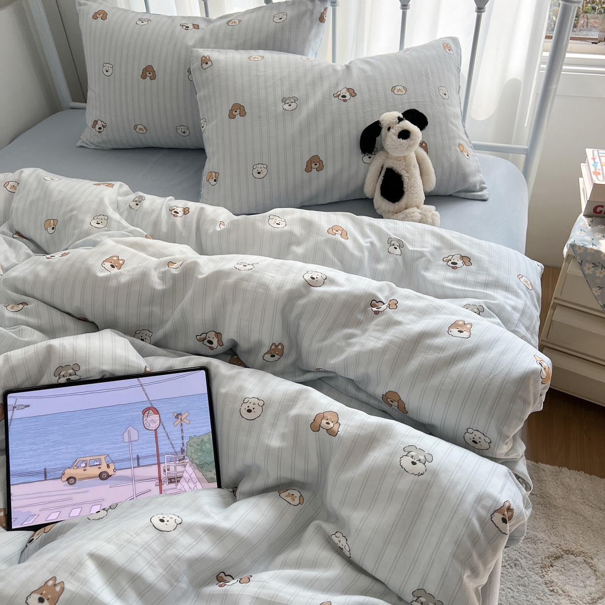 91家纺网 家纺一手货源 找家纺 早晨家纺 2026新款INS博主风卡通A类全棉纯棉双层纱四件套 奶狗日记-蓝