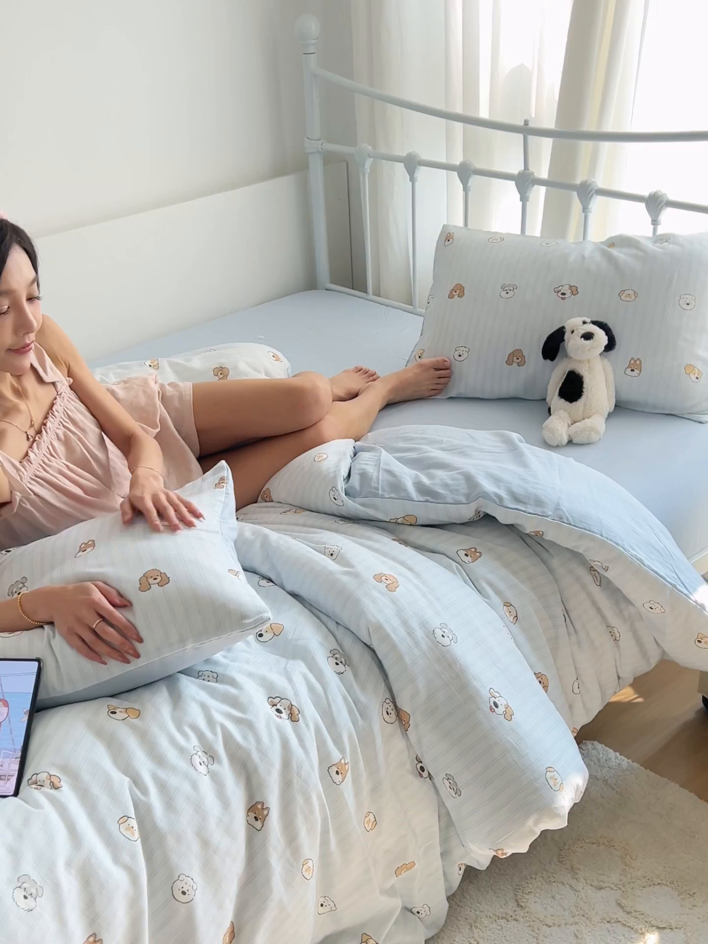 91家纺网 家纺一手货源 找家纺 早晨家纺 2026新款INS博主风卡通A类全棉纯棉双层纱四件套 奶狗日记-蓝