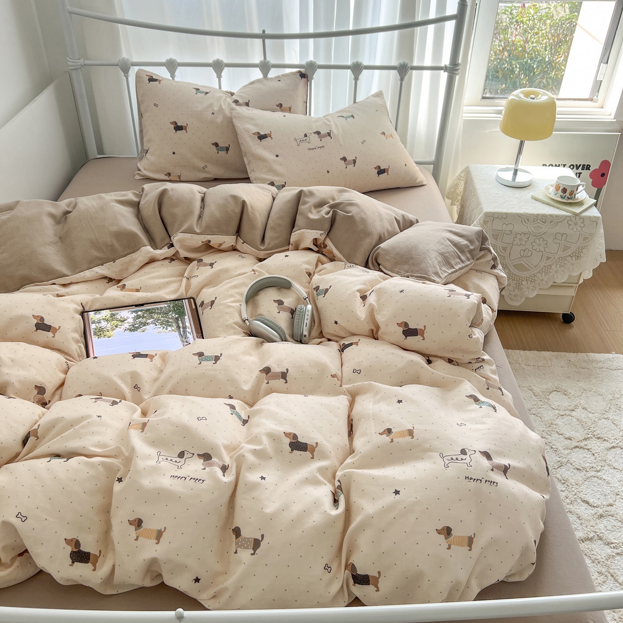 早晨家纺 2026新款INS博主风卡通A类全棉纯棉双层纱四件套 腊肠狗