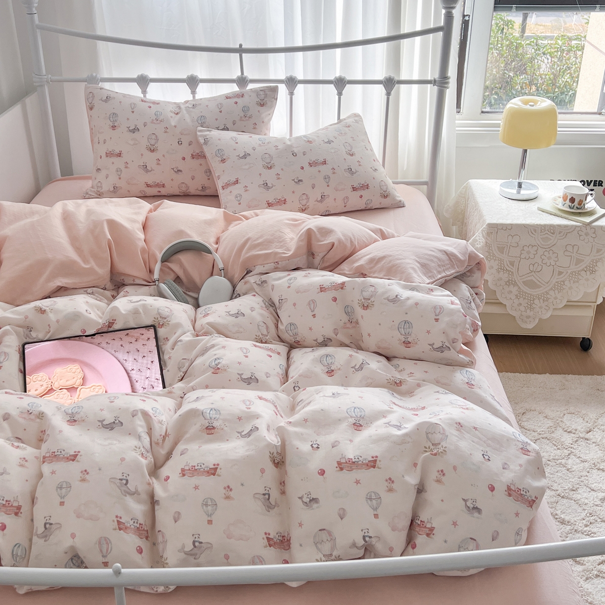 早晨家纺 2026新款INS博主风卡通A类全棉纯棉双层纱四件套 气球城堡